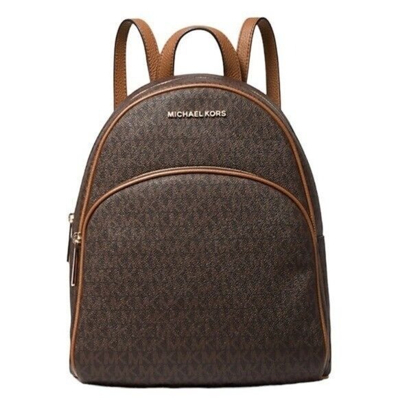 Michael Kors Abbey Medium Logo and Pebbled Leather Backpack Brown - Picture 1 of 14